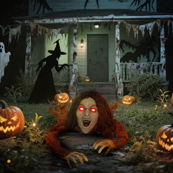 Halloween-Dekoration mit einer aus dem Boden kriechenden Zombie-Figur, Kürbissen und einer gruseligen Hauskulisse.