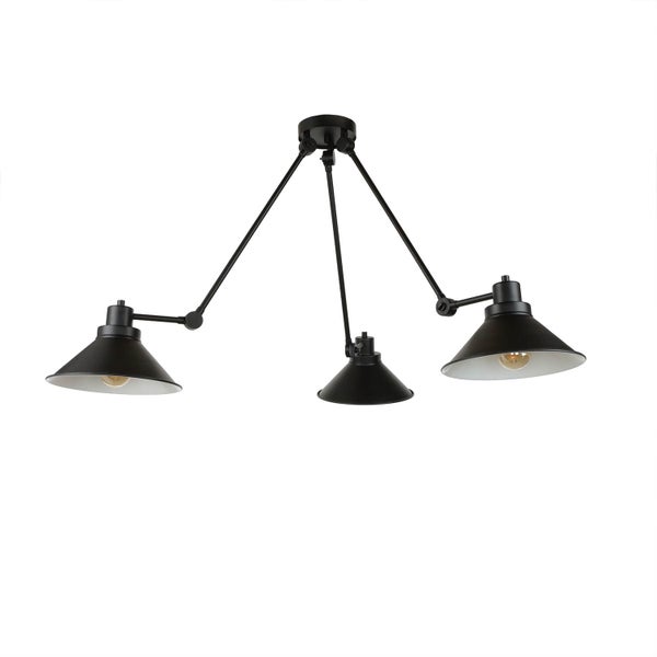 Schwarze Deckenleuchte mit drei Lampenschirmen im Industriedesign