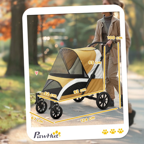 PawHut Hundewagen Hundebuggy klappbar für große Hunde & Katzen bis 30 kg Katzenbuggy mit Kissen Netzfenstern Türen Aufbewahrungstasche Katzenwagen mit Sicherheitsleinen, Bremsen, Buggy Braun