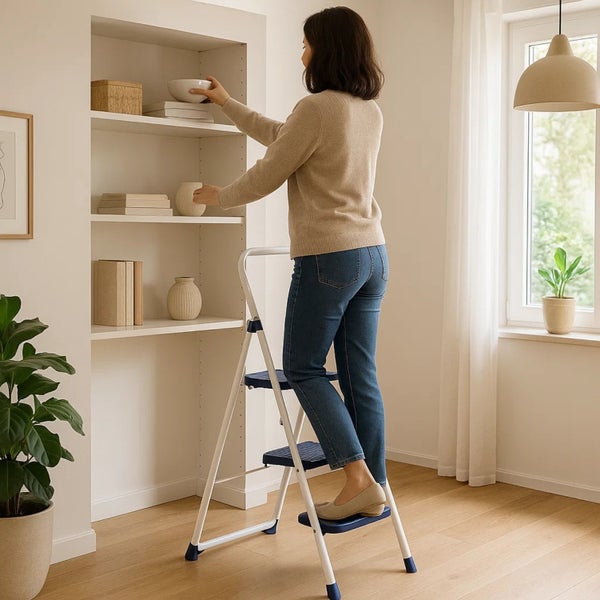 Frau benutzt eine Haushaltsleiter, um Gegenstände in ein Bücherregal zu stellen