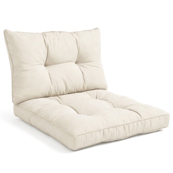 Zweiteiliges Set aus Sitz- und Rückenkissen für Loungemöbel, gesteppt, in der Farbe Creme.