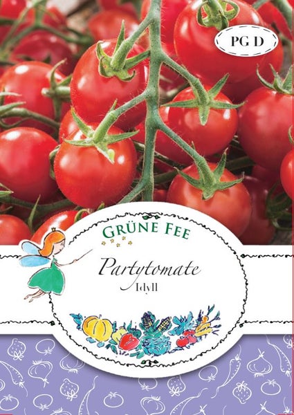 Partytomate Idyll von Grüne Fee, Kirschtomaten an der Rispe, Saatgutverpackung.