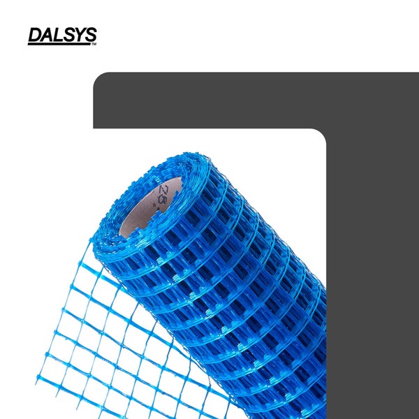 Dalsys Logo und eine Rolle blaues Armierungsgewebe aus Kunststoff.