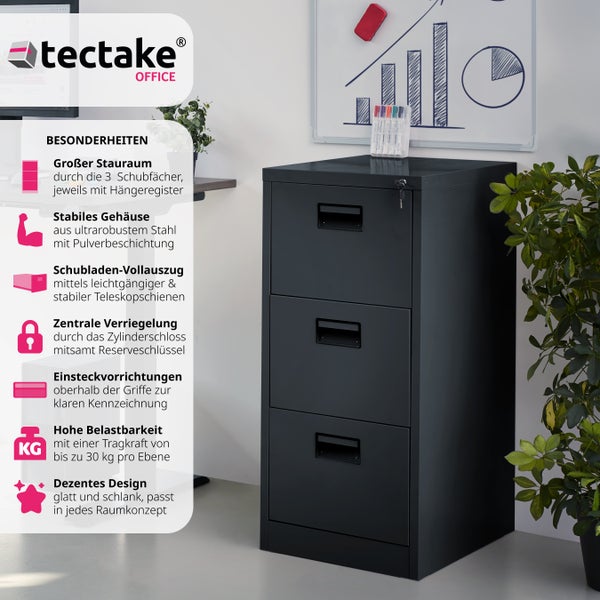 Aktenschrank tectake  62,4 x 46 x 102,8 cm aus pulverbeschichtetem Stahl schwarz