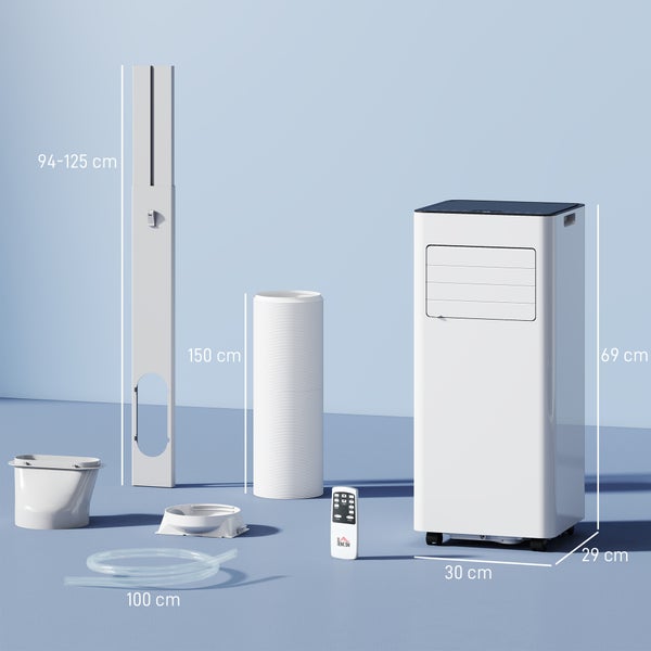 Mobiles Klimagerät mit Zubehör: Fensterabdichtung 94 bis 125 Zentimeter, Abluftschlauch 150 Zentimeter, Fernbedienung. Maße 69 mal 30 mal 29 Zentimeter.