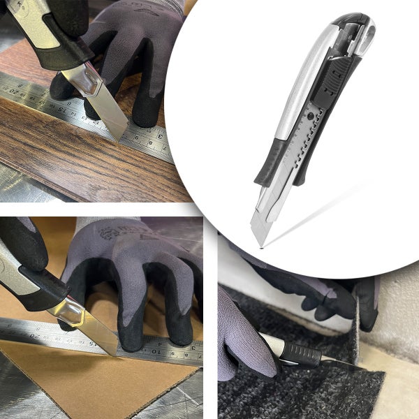 Ein Teppichmesser schneidet Teppich, Pappe und Laminat.
