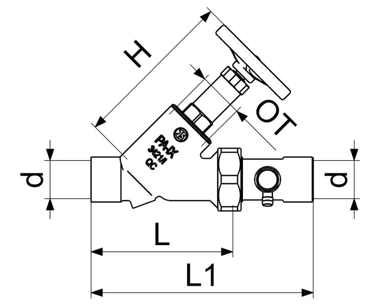 Technische Zeichnung eines Schrägsitzventils mit Maßangaben für Durchmesser, Länge und Höhe.