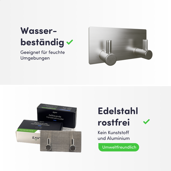 EAVY Logo auf Verpackung eines Doppelhakens aus Edelstahl, wasserbeständig und rostfrei, geeignet für feuchte Umgebungen, umweltfreundlich.