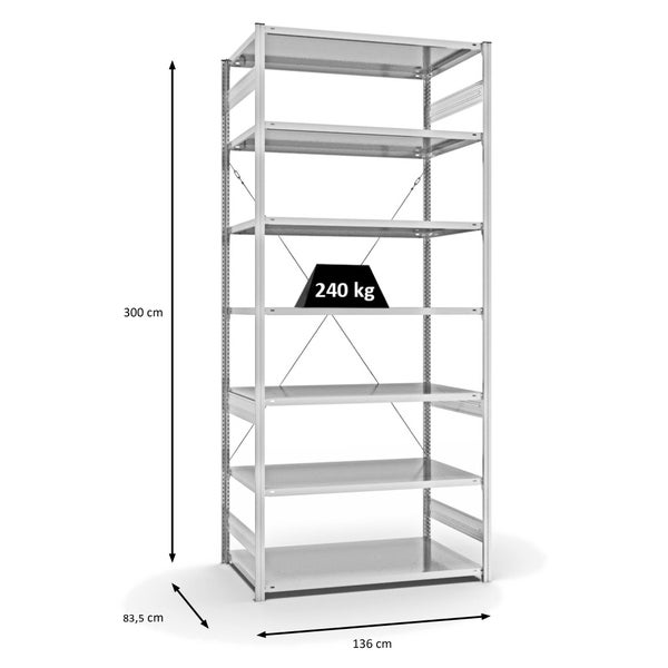 PROREGAL Fachbodenregal Stecksystem T-Profil Medium-Duty Grundregal HxBxT 300 x 130 x 80 cm 7 Ebenen Fachlast 240 kg Einseitig Nutzbar Lichtgrau