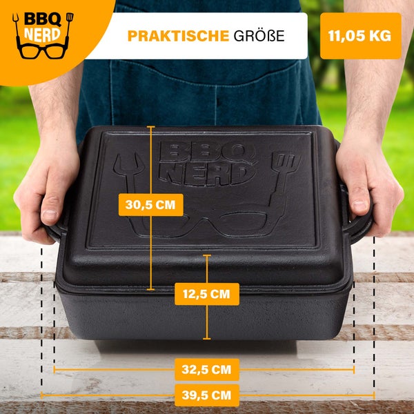 BBQ-Nerd Dutch Oven 10,8 L - rechteckiger Feuertopf mit Deckel/Bratpfanne | Feuerfeste Gusseisenpfanne zum Schmoren, Braten und Backen - ideal für Camping & BBQ