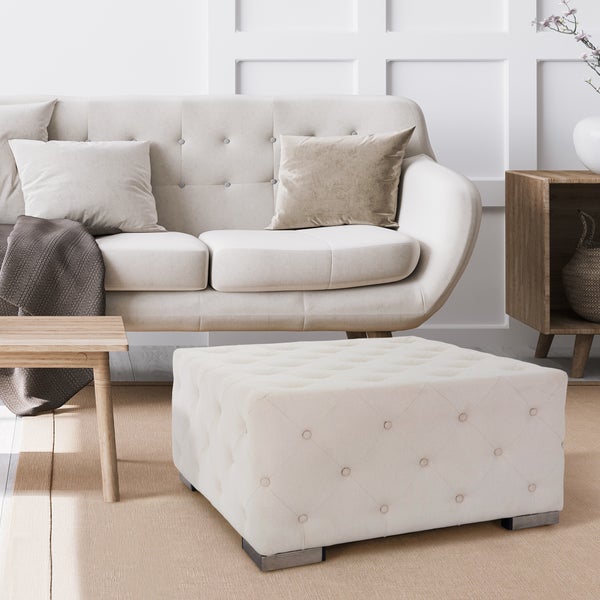 WOMO-DESIGN Sitzhocker XXL Ostrava aus Leinen Creme mit silberne Metallfüße, 90x45x90cm Quadratisch, Handgefertigt, Moderne Knopfheftung, Polsterhocker Sofa-Hocker Fußhocker Sitzpouf Pouf Puff Ottoman