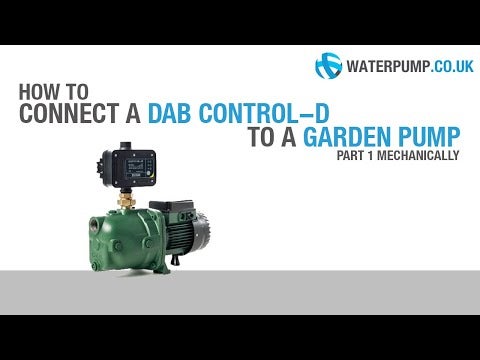 Gartenpumpe mit einem oben montierten DAB Control-D Druckregler. Waterpump.co.uk Logo.
