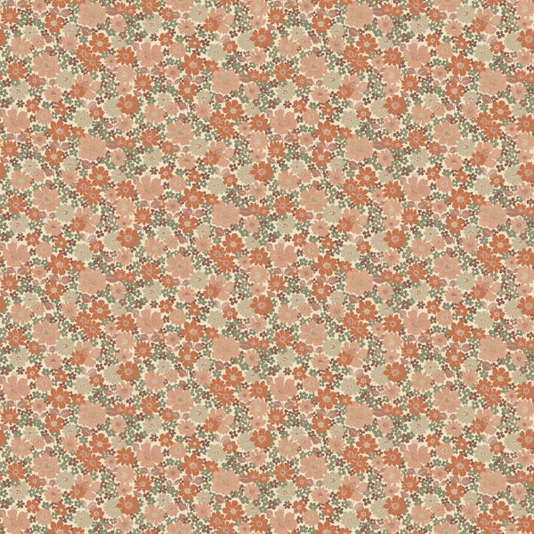 Tapete mit dichtem, kleinteiligem Blumenmuster im Retro-Stil.