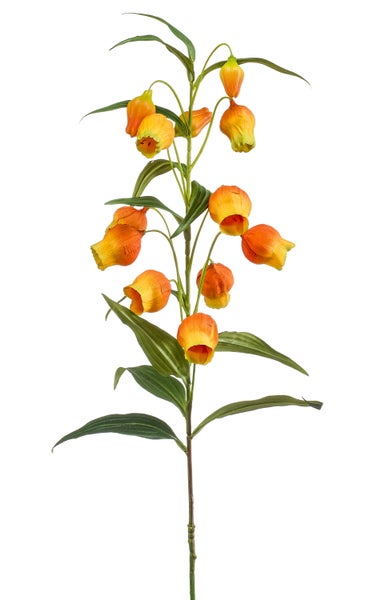 Künstliche Sandersonia aurantiaca mit gelben und orangefarbenen Blüten in Glockenform und grünen Blättern.