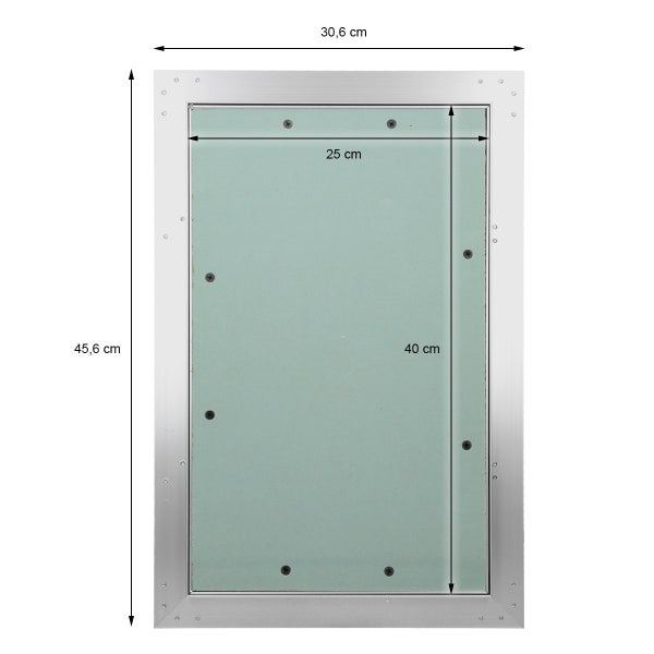 Revisionstür aus Aluminium mit Gipskartoneinlage. Außenmaß 30,6 Zentimeter mal 45,6 Zentimeter, Innenmaß 25 Zentimeter mal 40 Zentimeter.