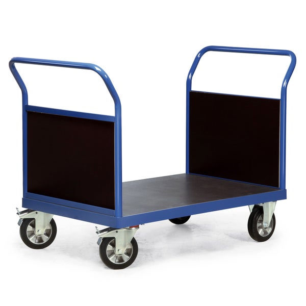Blauer Plattformwagen mit Handgriffen und Rädern
