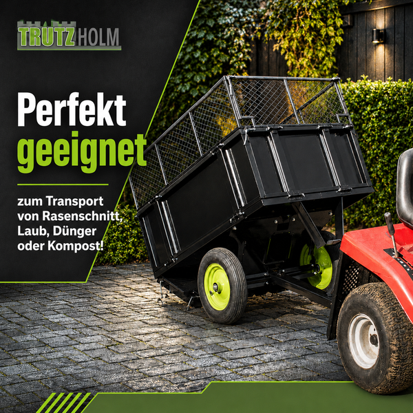 Trutzholm Kippanhänger für Aufsitzmäher mit Gitteraufsatz zum Transport von Gartenabfällen auf einem gepflasterten Weg.