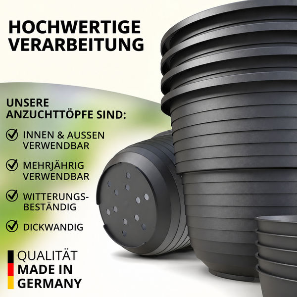 Stapelbare Kunststoff Anzuchttöpfe mit Ablauflöchern, geeignet für den Innen und Außenbereich, witterungsbeständig und langlebig.