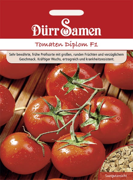 Samentüte für Tomaten Diplom F1, Dürr Samen Logo, Abbildung von reifen, roten Tomaten an der Rispe und Detailansicht der Samen.