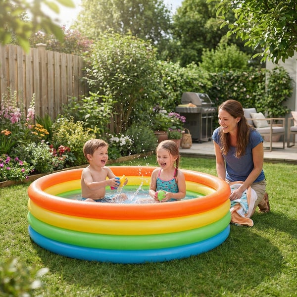 Eine Mutter beobachtet zwei Kinder in einem runden aufblasbaren Planschbecken im Garten.