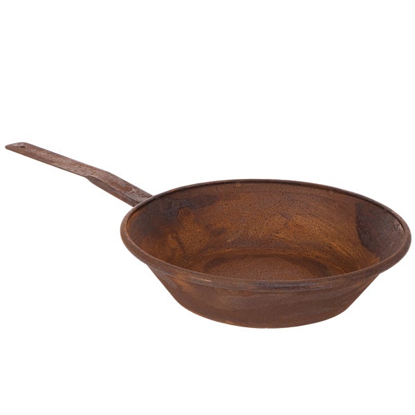 Dekorative Schale in Pfannenform aus Metall mit Edelrost-Oberfläche und langem Stiel.