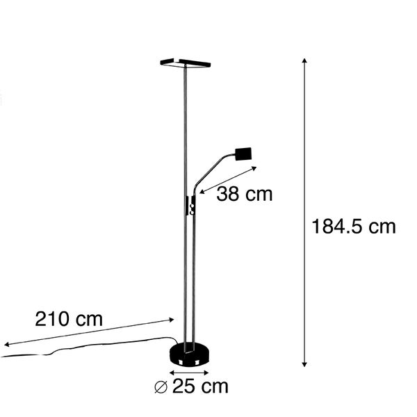 Abbildung einer Stehlampe mit den Maßen 184,5 cm Höhe, 38 cm Ausladung des Lesearms, 25 cm Durchmesser des Lampenfußes und 210 cm Kabellänge