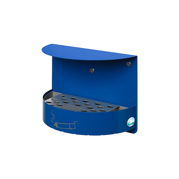Blauer Wandaschenbecher aus Metall mit Dach und Siebeinsatz, VAR Logo.