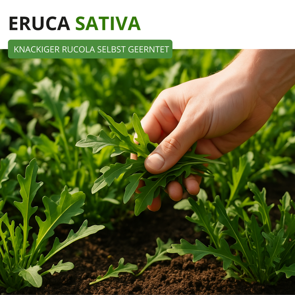 Eine Hand erntet frischen Rucola (Eruca sativa) in einem Gartenbeet.