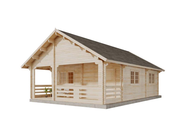 Gartenhaus aus Holz mit Satteldach, Sprossenfenstern und einer überdachten Terrasse mit Geländer.