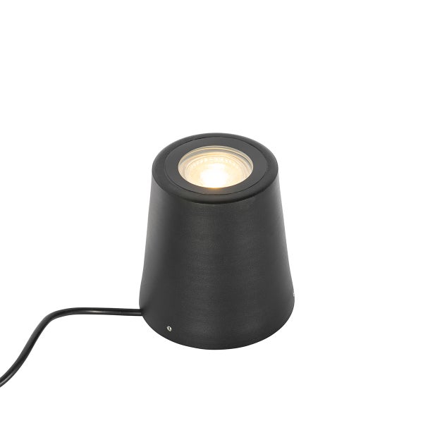 Schwarzer LED Gartenstrahler aus Metall mit Kabelanschluss für die Bodenmontage im Außenbereich.