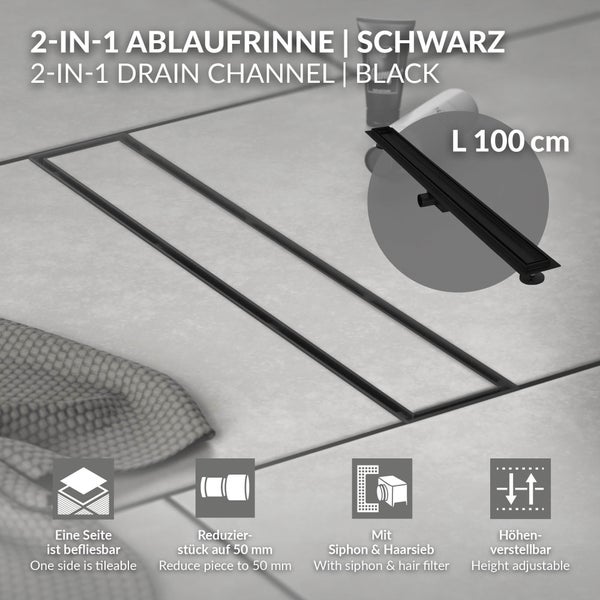 2-in-1 Duschrinne schwarz, 100 Zentimeter, befliesbar, inklusive Siphon, Haarsieb und Reduzierstück 50 Millimeter, höhenverstellbar.