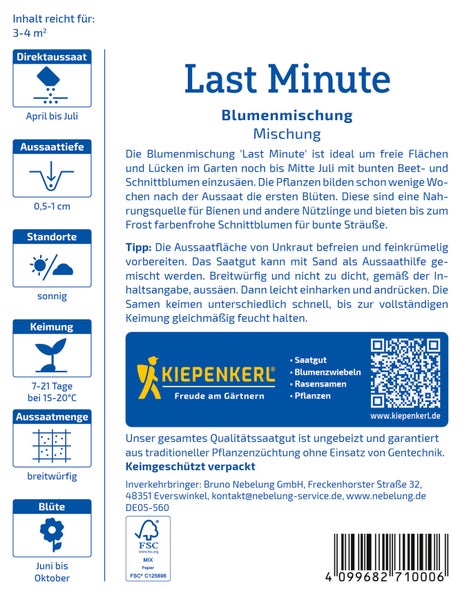 Produktverpackung der Blumenmischung Last Minute von Kiepenkerl mit Aussaat- und Pflegehinweisen sowie Informationen zur ökologischen Qualität.