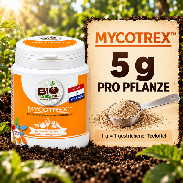 Dose Mycotrex von BioTabs mit Mykorrhiza Sporen zur Bodenverbesserung für Pflanzen, inklusive Dosierlöffel, 5 Gramm pro Pflanze Dosierung.