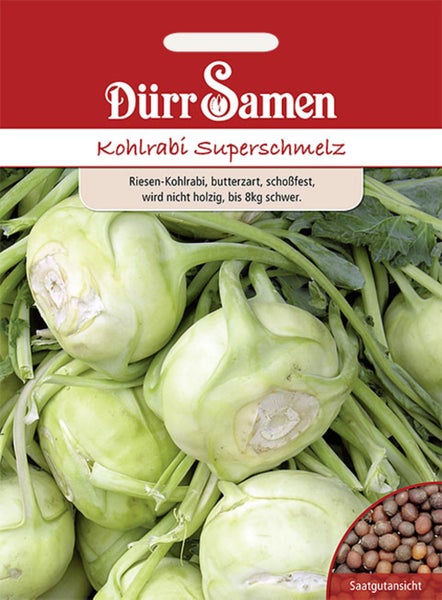 Samenpackung für Riesen-Kohlrabi Superschmelz mit Dürr Samen Logo. Zeigt geerntete Kohlrabi und eine Detailansicht der Samen.