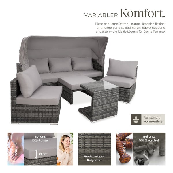 Polyrattan-Lounge-Set mit Sofa, Sonnendach, Tisch, Hockern mit 10 Zentimeter dicken Polstern, komplett vormontiert und rostfrei.