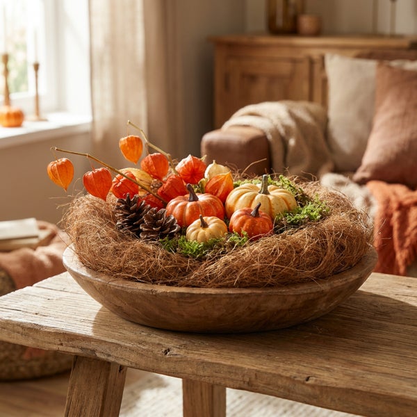 Herbstliche Tischdekoration mit Kürbissen und Lampions in einer dekorativen Holzschale auf einem rustikalen Holztisch.