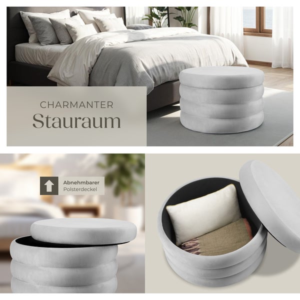 Runder Hocker mit Stauraum und abnehmbarem gepolstertem Deckel im Schlafzimmer