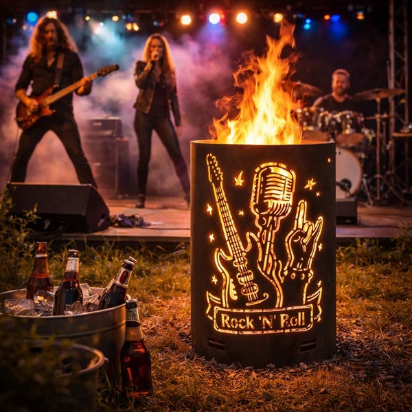 Feuerstelle mit Rock 'n' Roll Motiv und Liveband im Hintergrund