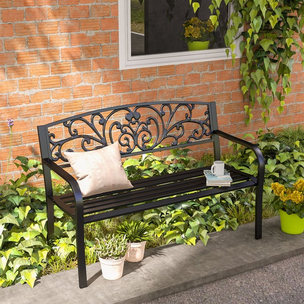 Outsunny wetterfeste Sitzbank, 2 Sitzer Balkonbank, bis 250 kg Belastbar für Balkon, 127cm x 60cm x 87cm, Metall, Schwarz