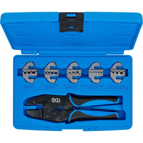 BGS Technic Crimpzange mit verschiedenen Einsätzen in einem blauen Koffer