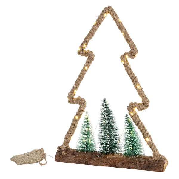 ECD Germany LED Jute Baum mit LED-Beleuchtung 35x6,5x45 cm, Deko Weihnachtsbaum aus Seil mit 45 warmweißen LEDs, 3 Tannen, Jutesäckchen, batteriebetrieben, Timer, Tannenbaum Figur Weihnachtsdeko Innen