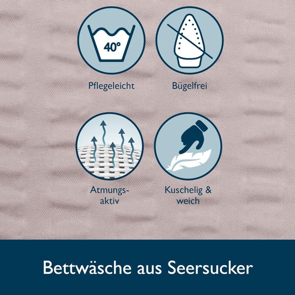 Symbole für Bettwäsche aus Seersucker: Waschbar bei 40 Grad, bügelfrei, atmungsaktiv, kuschelig und weich.