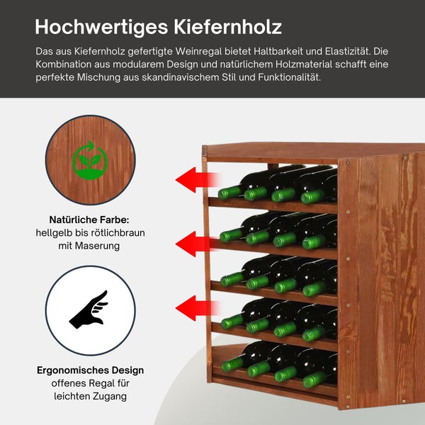 Weinregal aus Kiefernholz mit offener Bauweise für leichten Zugang, nachhaltigem Material und natürlicher Maserung.