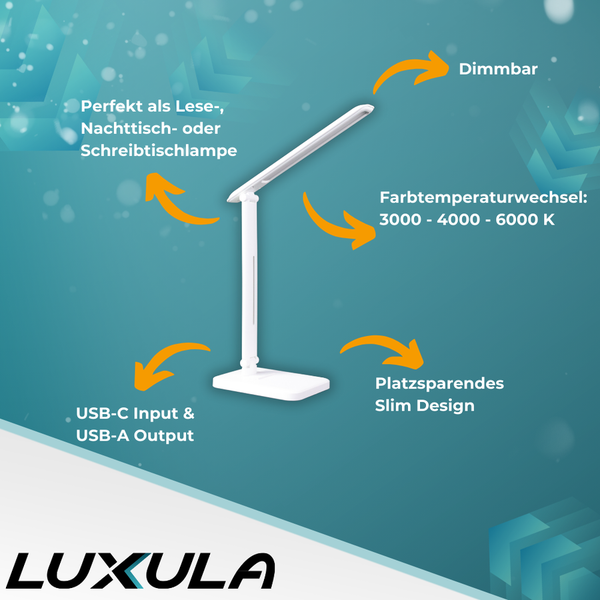 Luxula LED-Schreibtischlampe, dimmbar, 3000 bis 6000 Kelvin, platzsparendes Slim-Design, USB-C-Eingang und USB-A-Ausgang.