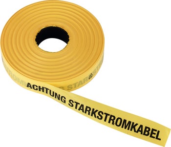 Trassenwarnband mit dem Aufdruck Achtung Starkstromkabel zur Kennzeichnung von Stromleitungen.