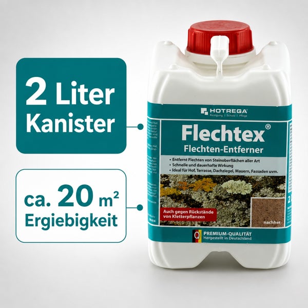 Hotrega Flechtex Flechtenentferner Kanister mit 2 Liter Inhalt und circa 20 Quadratmeter Reichweite zur Reinigung von Steinoberflächen.