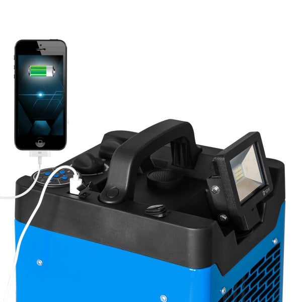 Blaue Powerstation mit LED-Strahler und Ladefunktion für Mobiltelefone