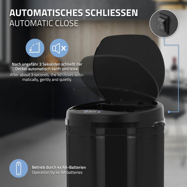 ML-Design Mülleimer mit Sensor 50L aus Edelstahl, Schwarz, Rund, automatisches Öffnen & Schließen, Abfalleimer berührungslos, Müllbehälter mit Bewegungssensor, LED-Anzeige, Klemmring, für Küche & Büro