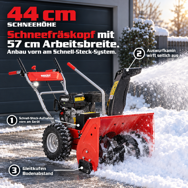 Hecht Schneefräse mit 57 cm Arbeitsbreite und 44 cm Schneehöhe inklusive Schnell-Steck-System, Auswurfkamin und Gleitkufen zur Schneeräumung.