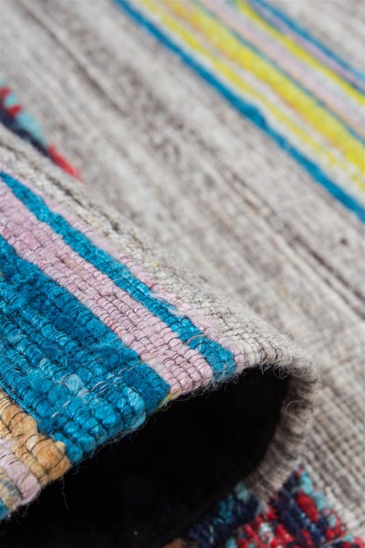 Detailaufnahme eines gewebten, bunt gestreiften Teppichs mit strukturierter Oberfläche.